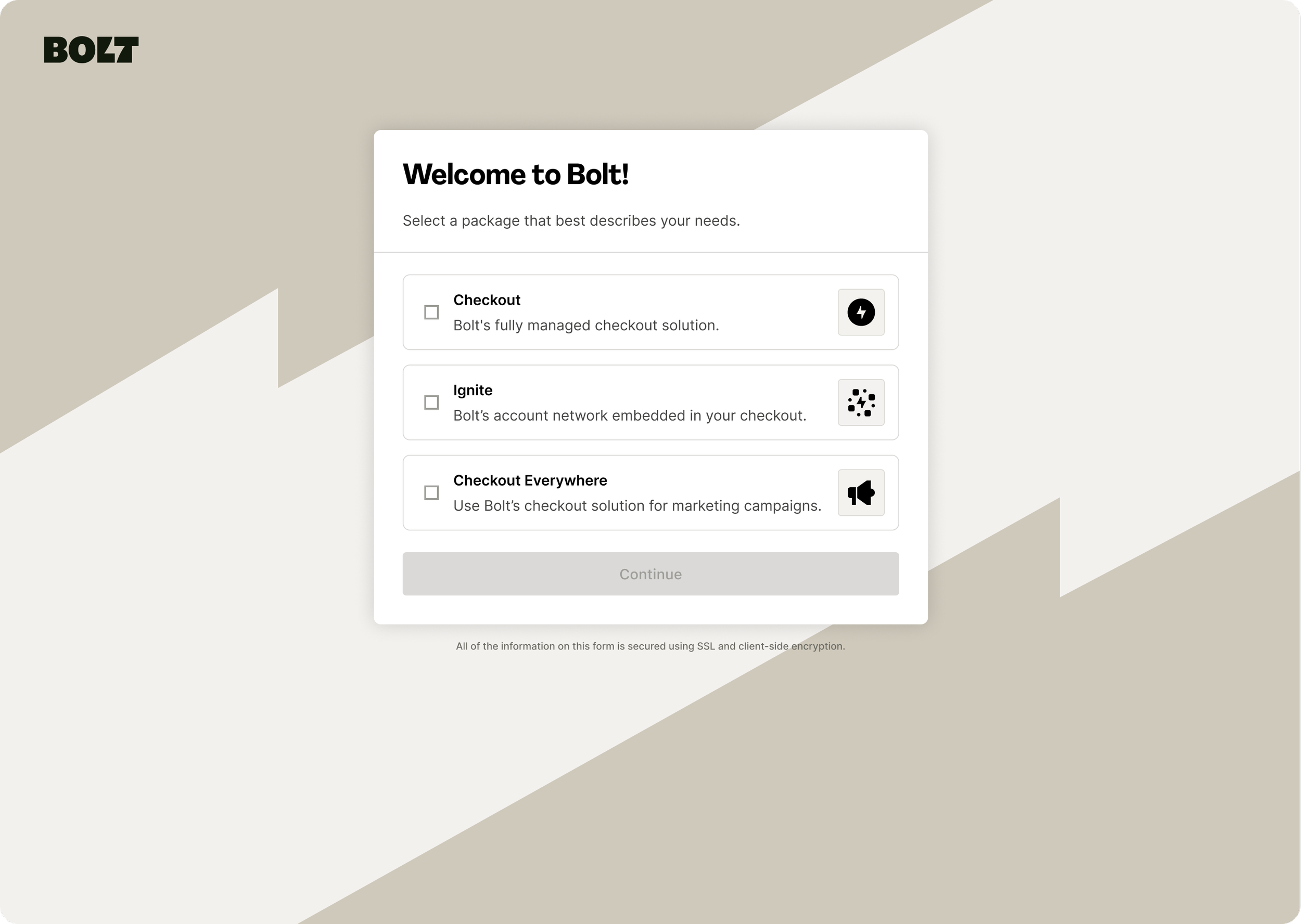 Bolt onboarding page with a package selection menu including options for Checkout, Ignite, and Checkout Everywhere.