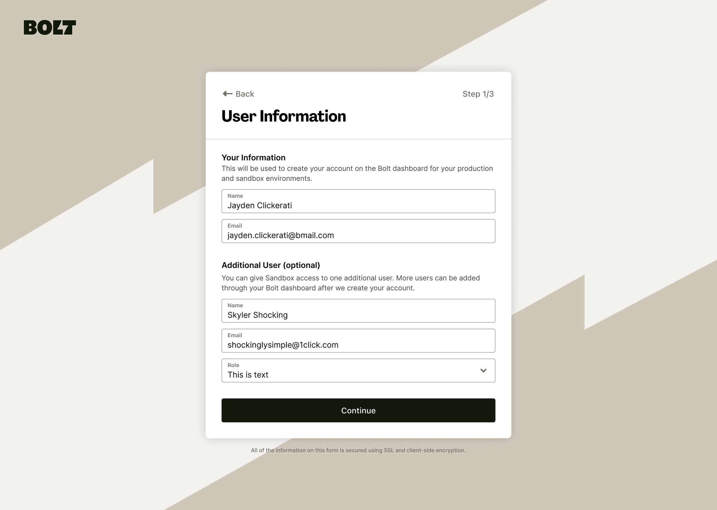 Screenshot of a user information form on the Bolt app, showing fields for name, email, optional next user, role, and a 'Continue' button, with a modern minimalistic design.