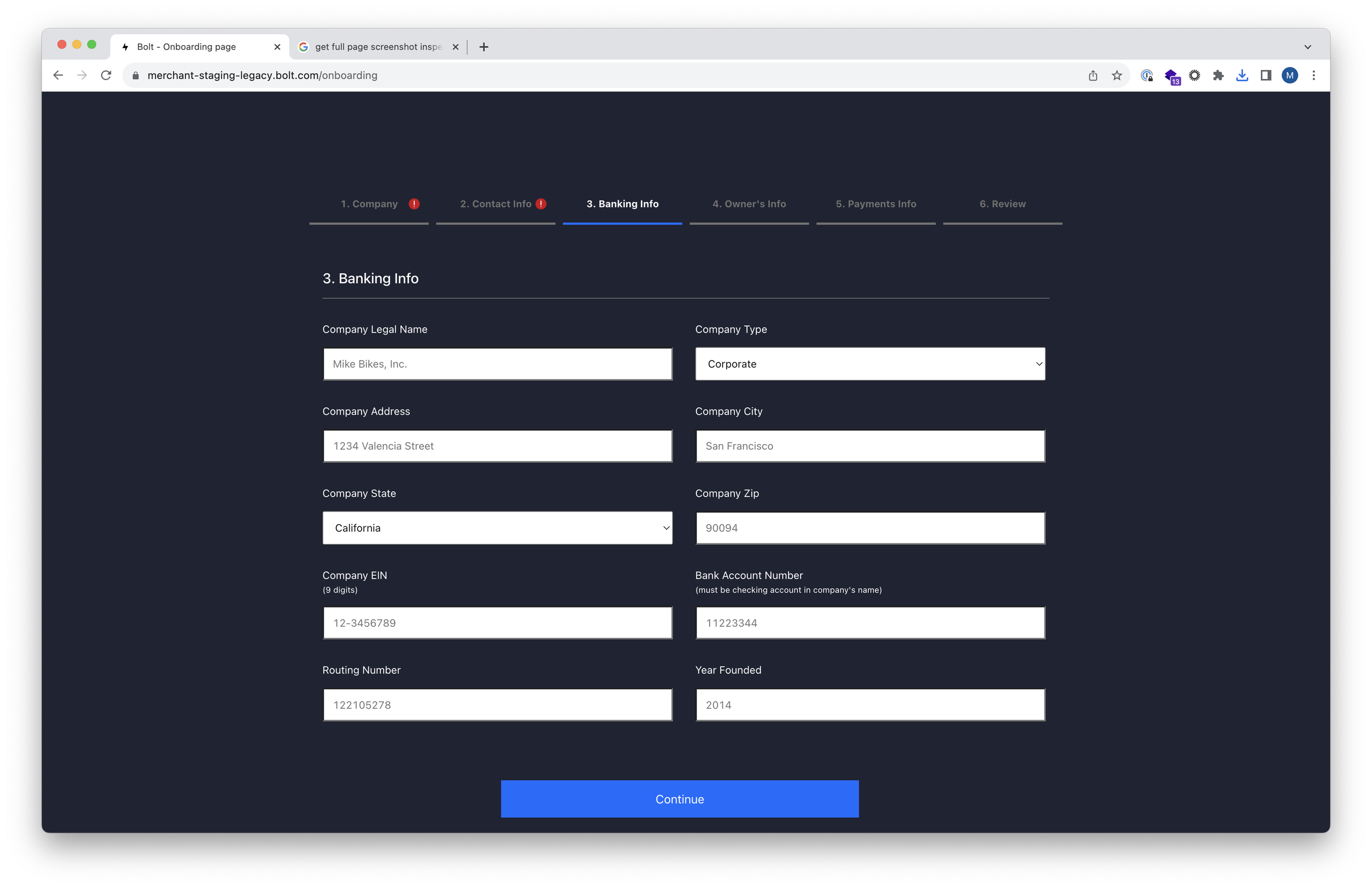 Screenshot of an online onboarding form titled 'Banking Info' with fields filled in for company legal name, address, city, state, zip, EIN, bank account number, routing number, and year founded, with a blue 'Continue' button at the bottom.