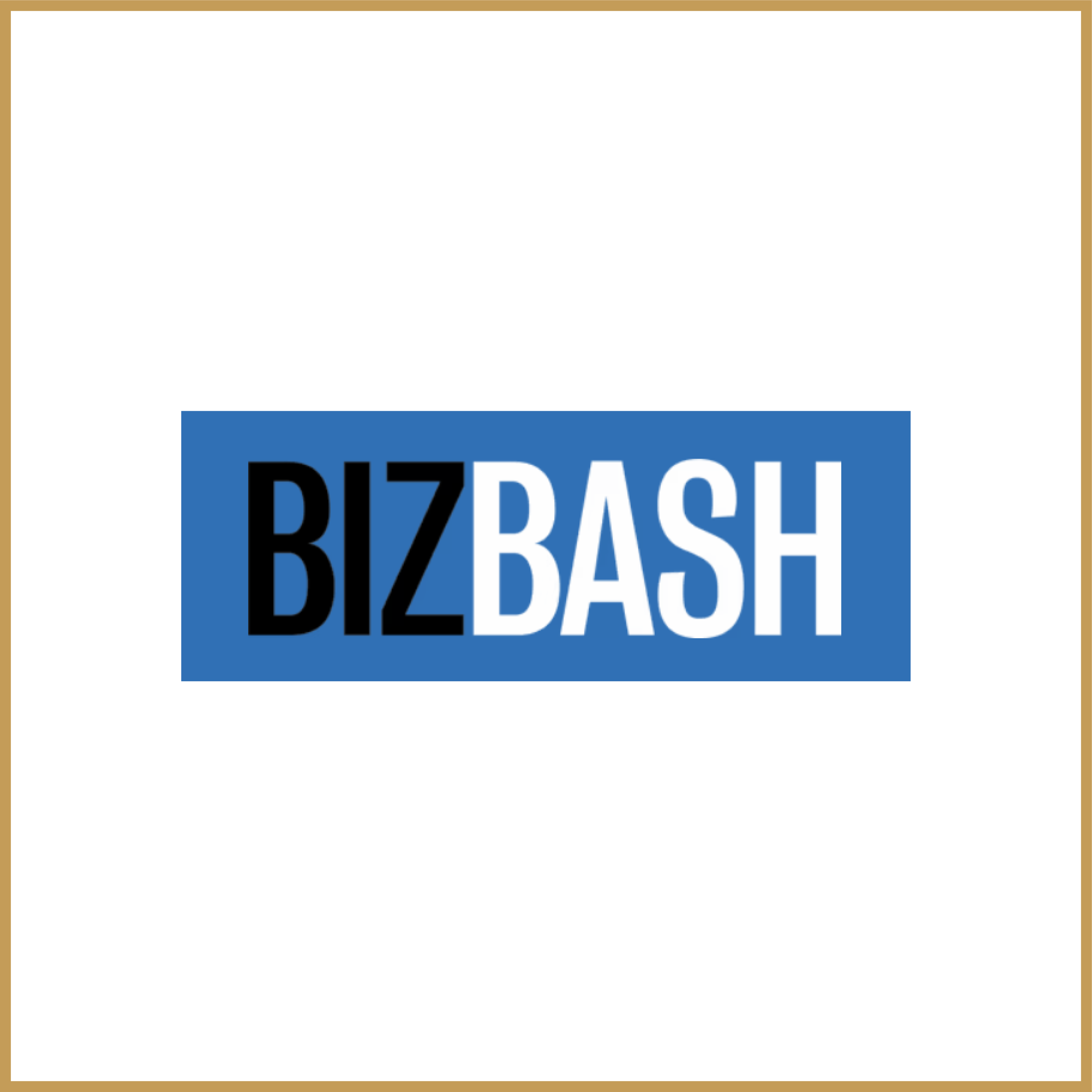 Logo with the text 'BIZBASH' in black and white font on a blue background.