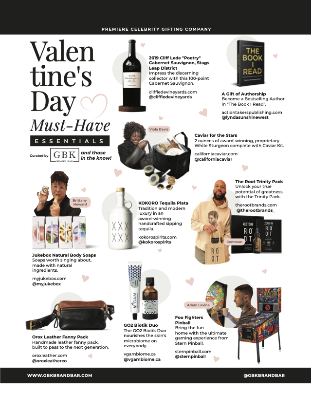 Valentine's Day gift guide featuring wine, books, skincare, tequila, and novelty items, with images of products and personalities.