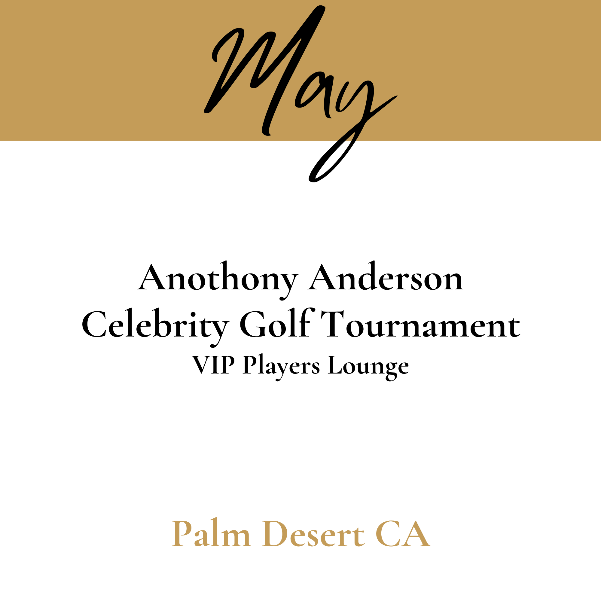 A logo with a gold background and black and gold text that reads "May" and "Palm Desert CA".