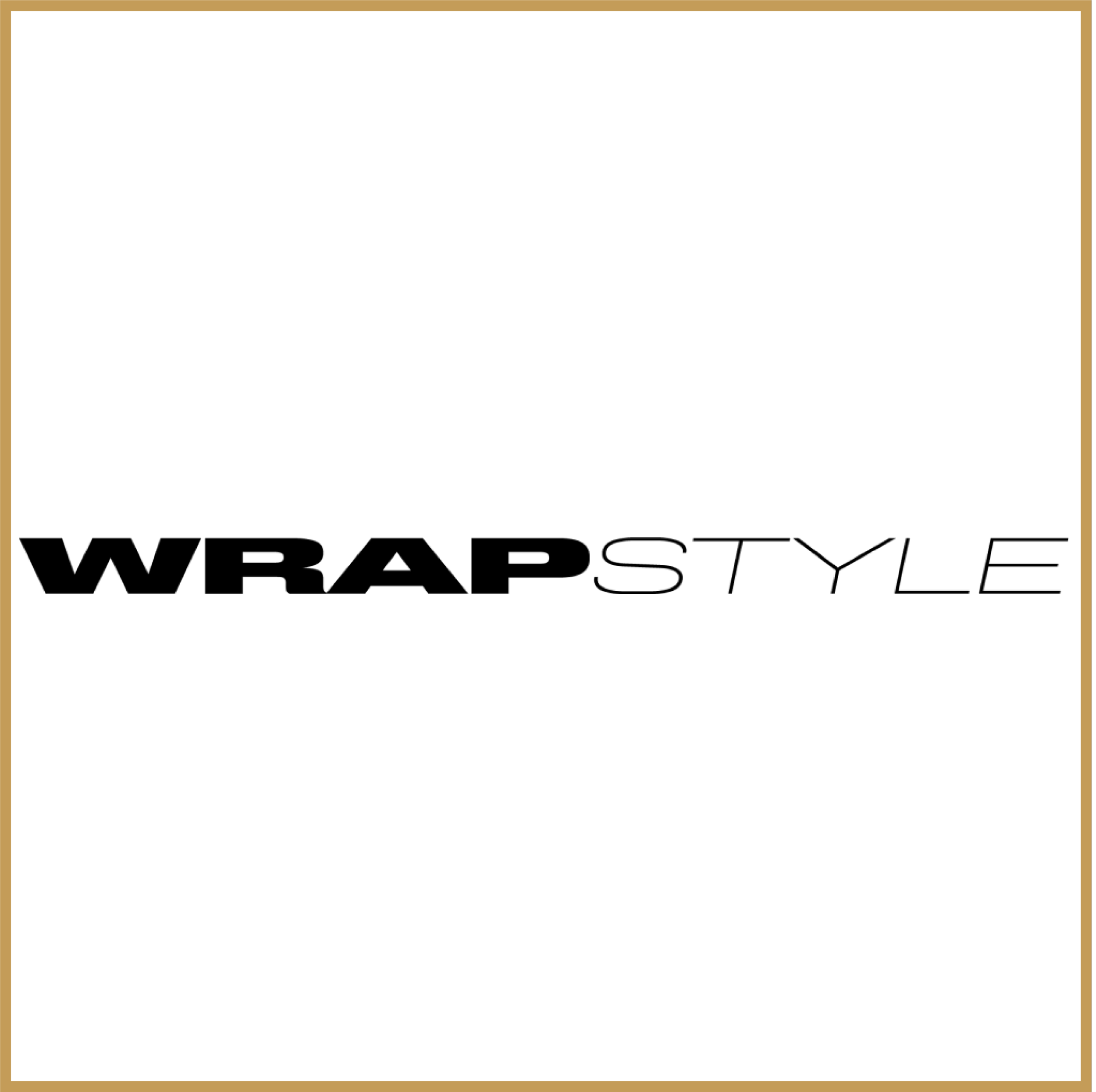 Logo with the words 'WRAP STYLE' in bold black font and thin, italicized black font on a white background, framed by a gold border.