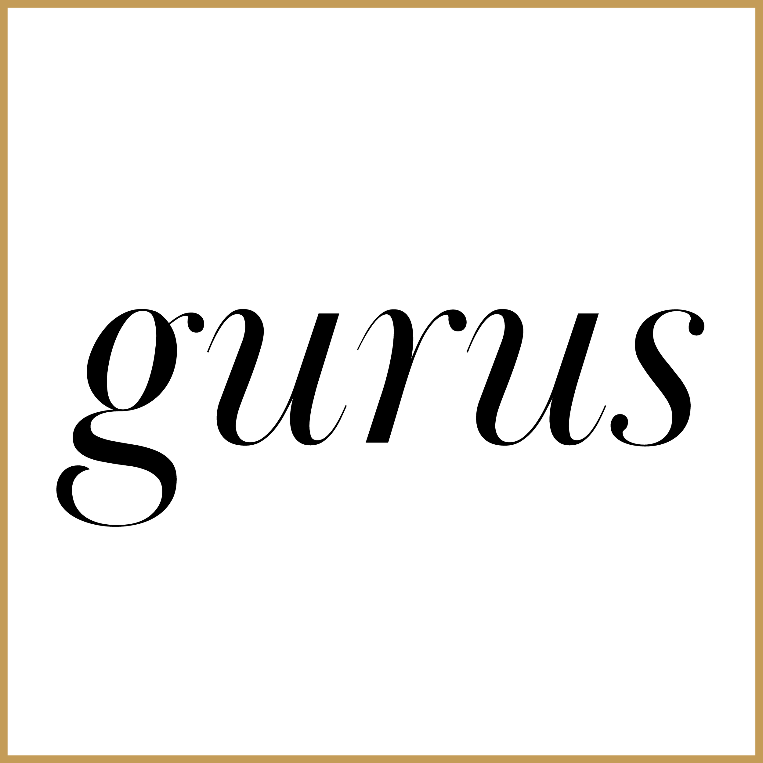 Black cursive text reading 'gurus' on a white background with a gold border