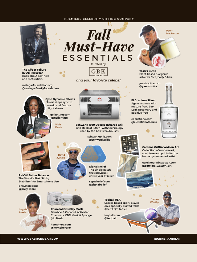 An infographic titled "Fall Must-Have Essentials" curated by GBK Brand Bar, showcasing various products and their descriptions for celebrity gifting. Includes books, skincare, grilling equipment, stress relief patches, art, and sport items, with images of each product and celebrity endorsers.