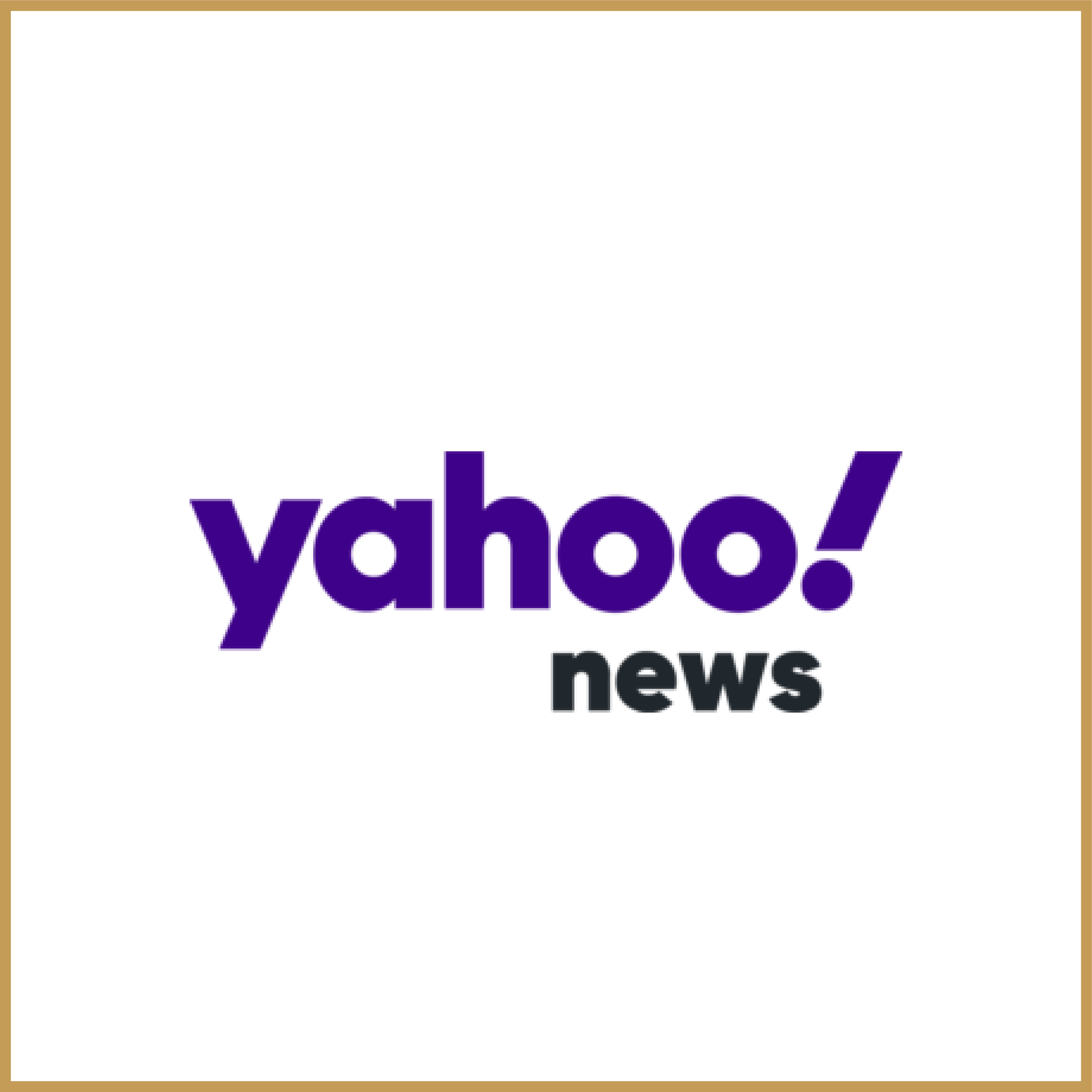 Yahoo! News logo with purple 'yahoo!' text and black 'news' text on white background with brown border.