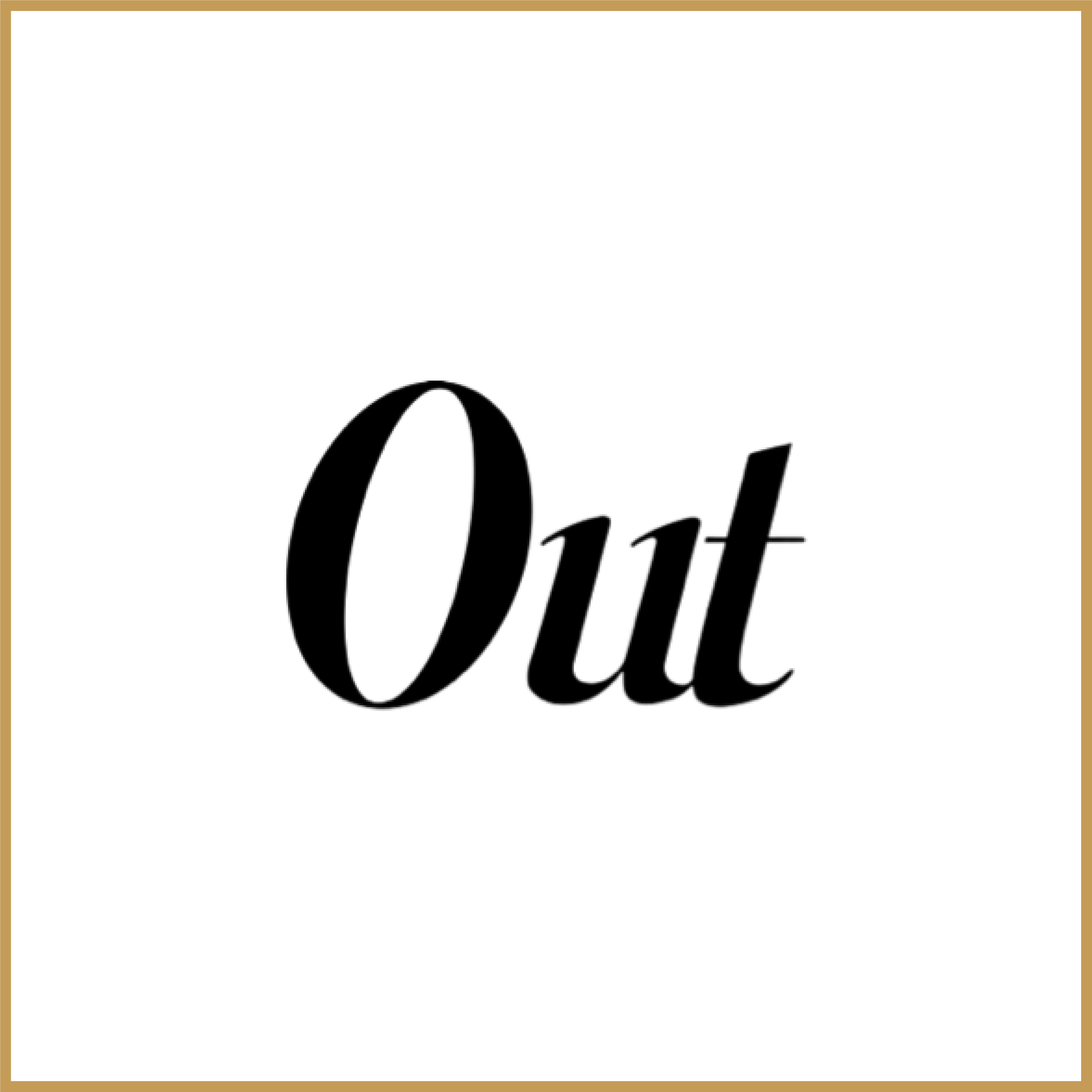 The word 'Out' written in black cursive font on a white background with a gold border.