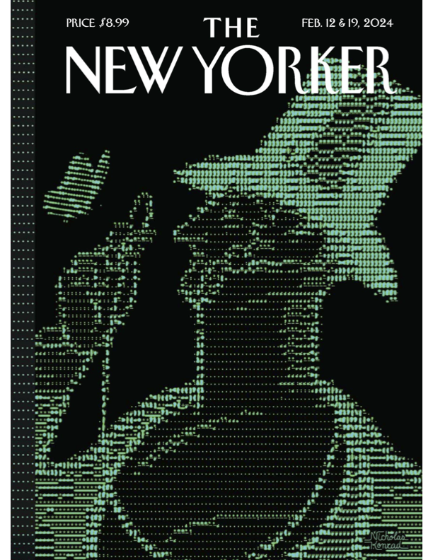 Magazine cover of The New Yorker, dated February 12-19, 2024, priced at $8.99, featuring a digital-style illustration of a person in a hat and coat making a peace sign with one hand, composed of green binary code on a black background.