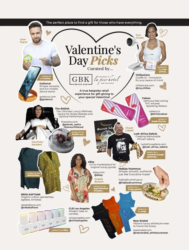 Valentine's Day gift guide featuring various products: a man with a mobile device and tech accessories, a woman with a beauty device, fast-acting THC sparkling waters, luxury wellness devices, African safaris, clothing, jewelry, a gourmet hummus, stylish candles, and luxury athleisure wear, all curated for Valentine's Day.