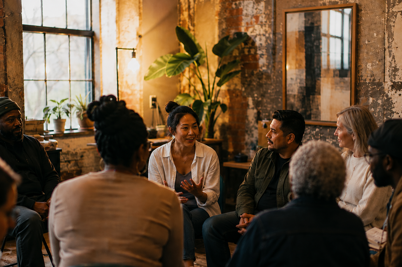A diverse group of people sitting in a circle in a cozy, rustic room with large windows, brick walls, and green plants, engaged in a discussion.