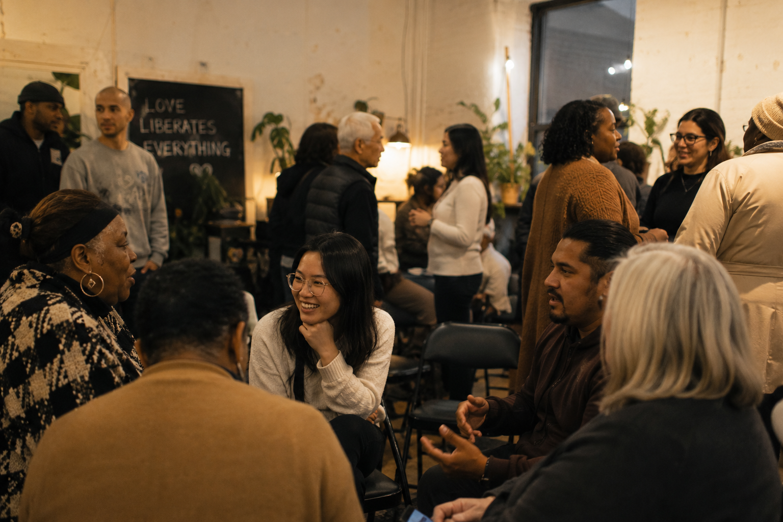 People socializing and conversing in a cozy, well-lit indoor space with plants and a blackboard that reads 'Love Liberates Everything' in the background.