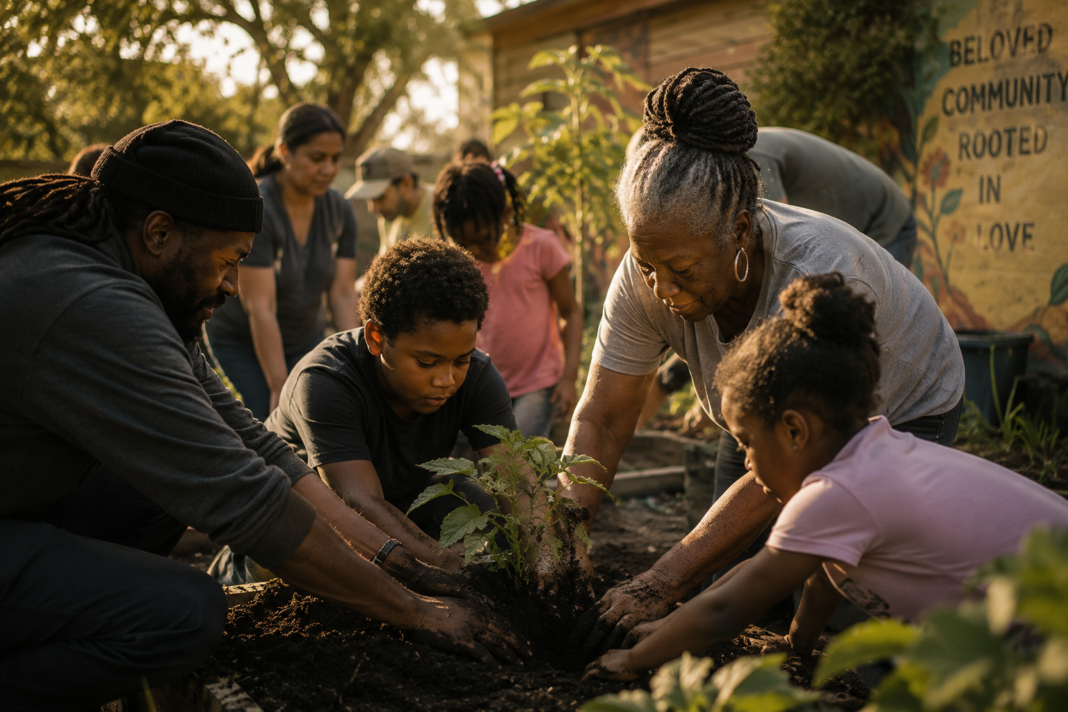 A diverse group of people planting a young tree in a community garden during sunset.