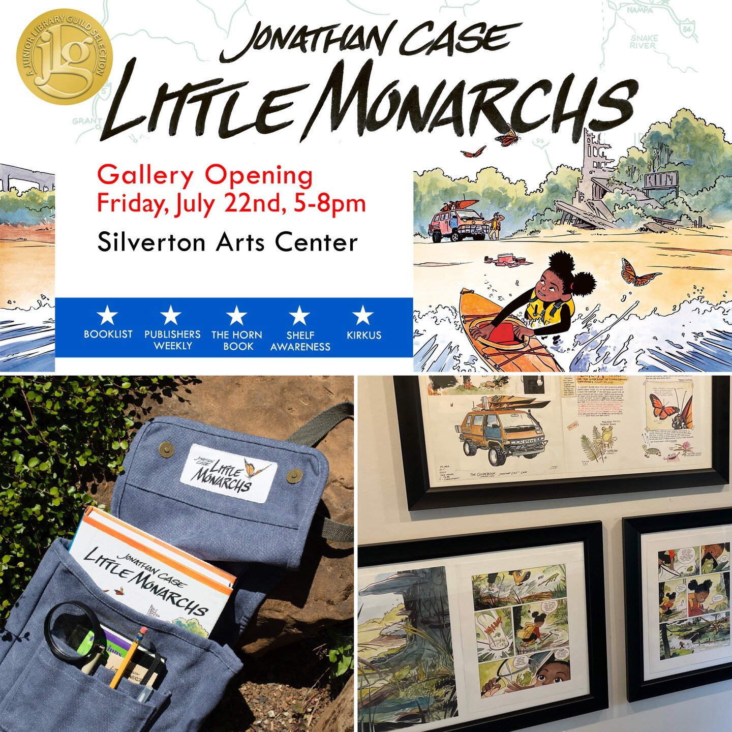 Good morning! Tonight's my gallery opening for Little Monarchs at the Silverton Arts Center, and I'm happy to announce that unlike last time -- it's actually happening! Covid delayed the show's original start date, but it's up and ready to go: I have