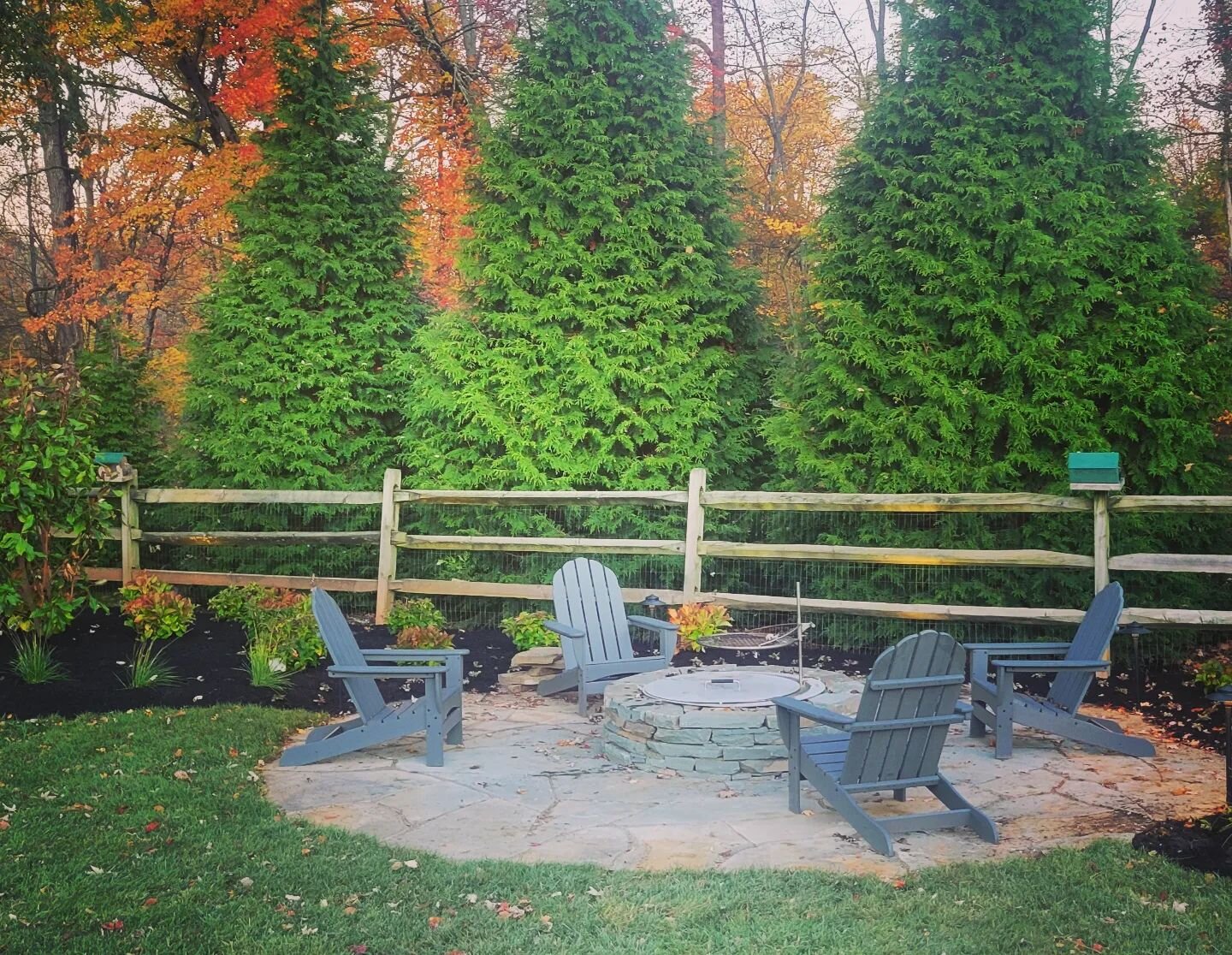 Our latest firepit was completed just in time for peak foliage. Inspired by the Adirondacks, we used irregular Bluestone for the patio and a natural bluestone for the firepit enclosure. In the firepit enclosure is a @breeo smokeless firepit with the 
