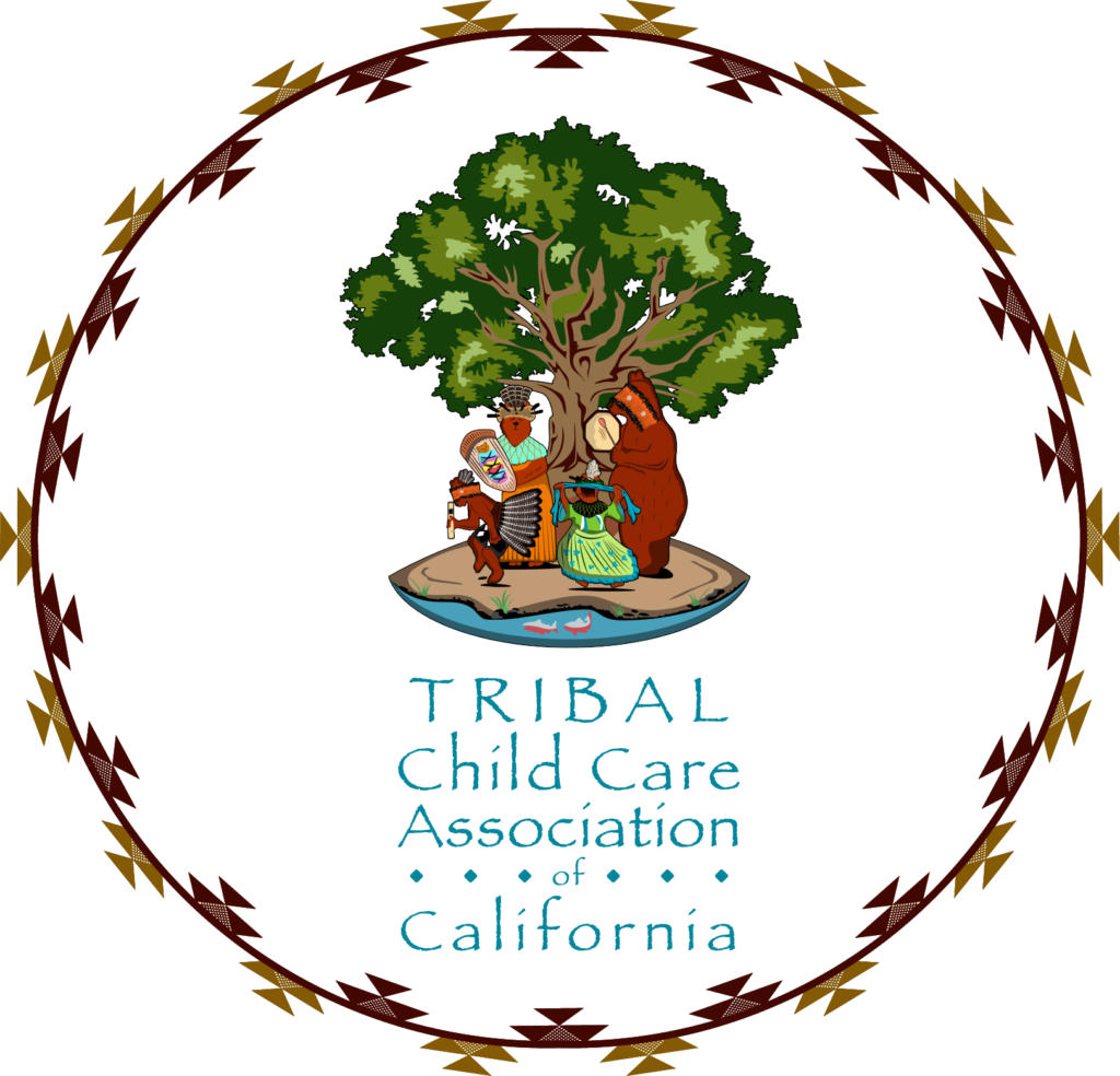 A logo with a tree and two indigenous people, one sitting and one standing, surrounded by water and land, with text beneath.