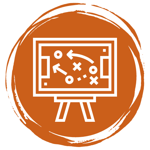 Illustration of a strategy diagram with Xs, Os, arrows, and lines on a presentation board.