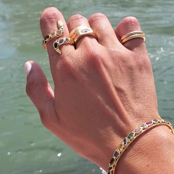 ☆18k gold pieces with assortment of different colored gemstones. 

☆18k Multi-gem Snake ring , multi gem bangle.

☆Made to order .