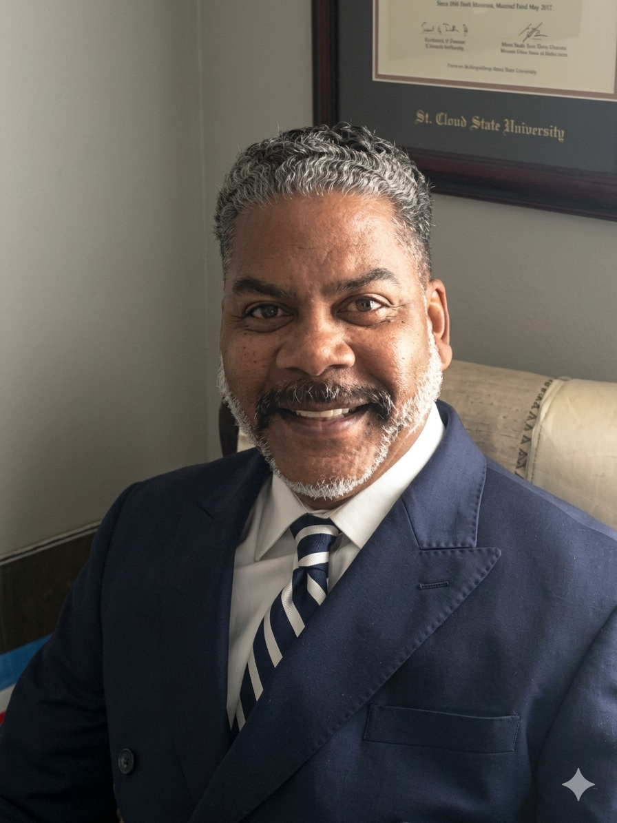 A smiling man with gray curly hair and a beard, dressed in a dark blue suit and a striped tie, sitting in an office with a framed certificate from St. Cloud State University on the wall.
