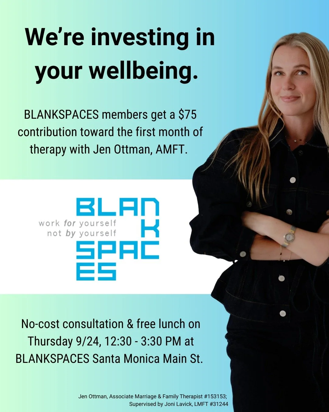 We&rsquo;re investing in your wellbeing. As a Blankspaces member, you&rsquo;ll receive a $75 wellness contribution toward your first therapy session with Jen Ottman, AMFT. After that, any ongoing sessions are optional and arranged privately with Jen.