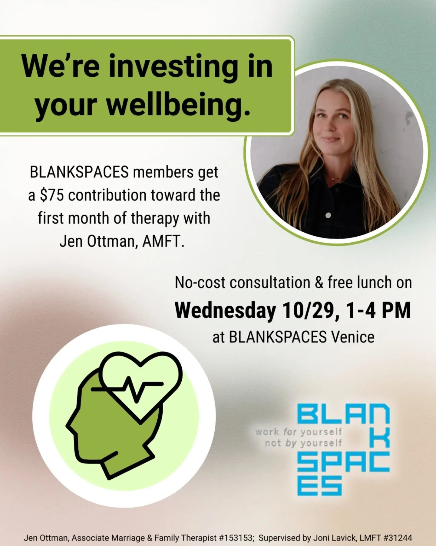 Did you know? BLANKSPACES members get a mental health stipend toward their first month of therapy! Sign up for a free consultation at link in bio.