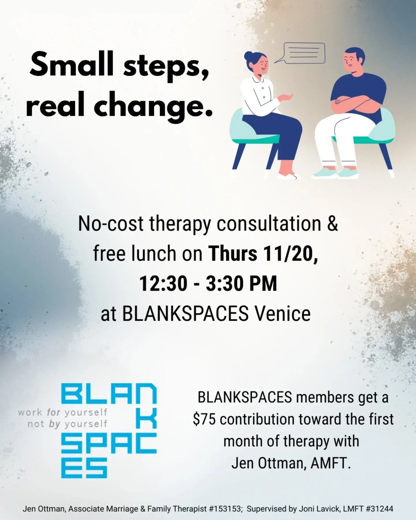 Take that first step! Sign up for a no-cost therapy consultation, and if you decide to continue, get a $75 stipend toward your first month. Offer open to all existing and new BLANKSPACES members. Sign up at link in bio.