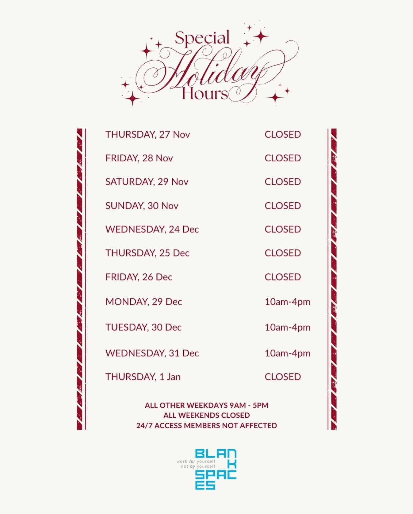 As we shift into the holiday season, our hours will be adjusted. Wishing all our members and community a safe, healthy, and joy-filled holiday! ❤️🎄❄️🕎