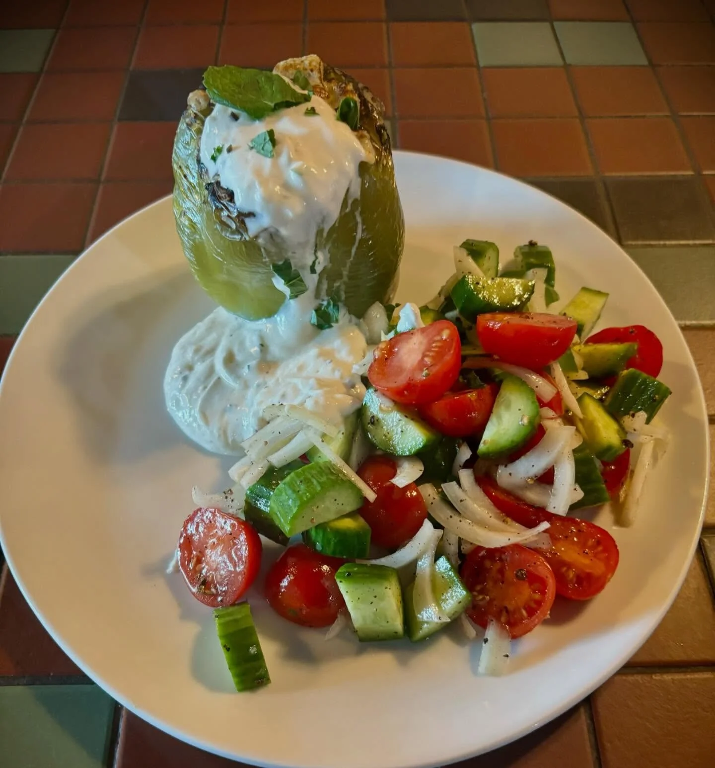 Greek stuffed pepper for dinner this evening!