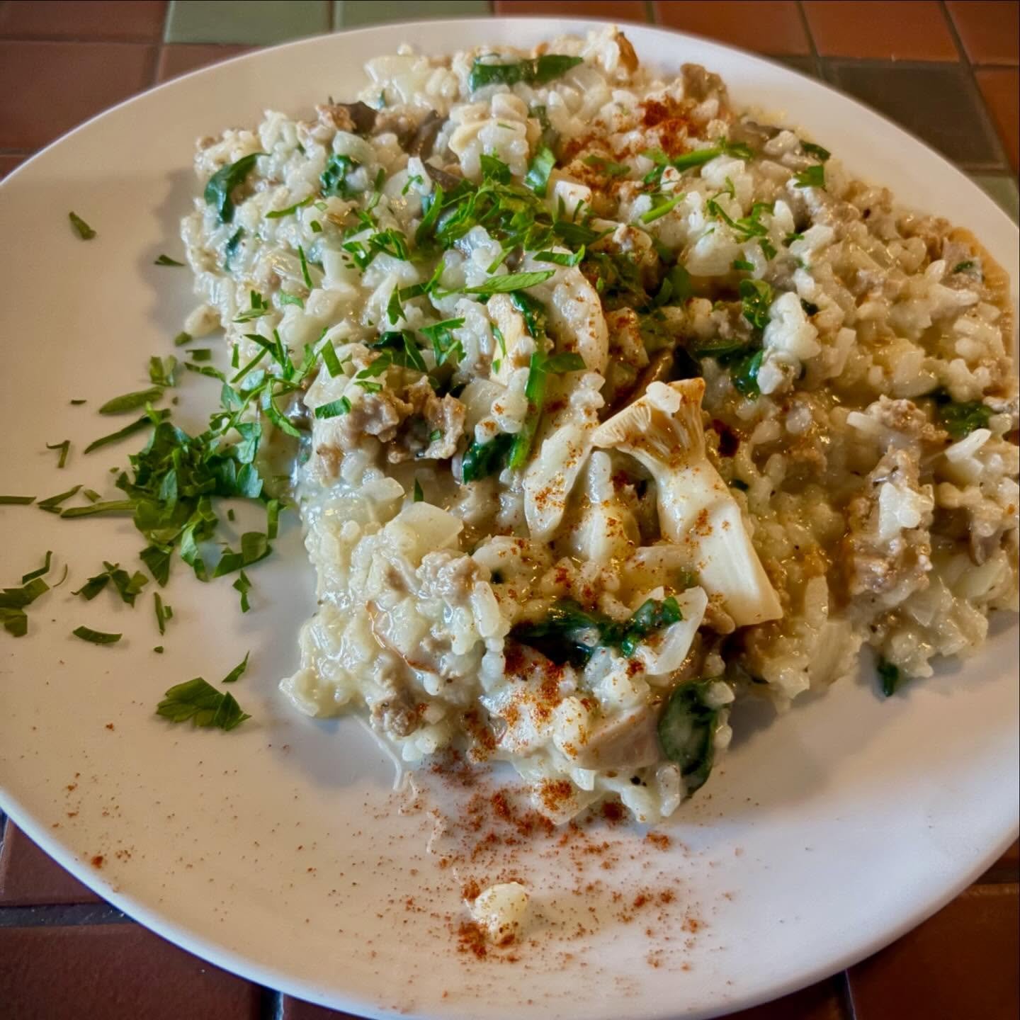 Wild mushroom and sausage risotto tonight!! Live music by @orion.jesse.paul 5:00