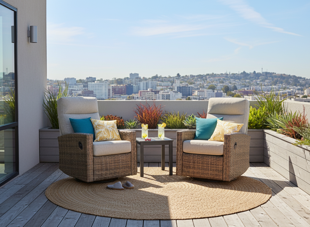 Two cushioned outdoor chairs with pillows facing each other on a wooden deck, with a small table of drinks between them, overlooking an urban cityscape under a blue sky.