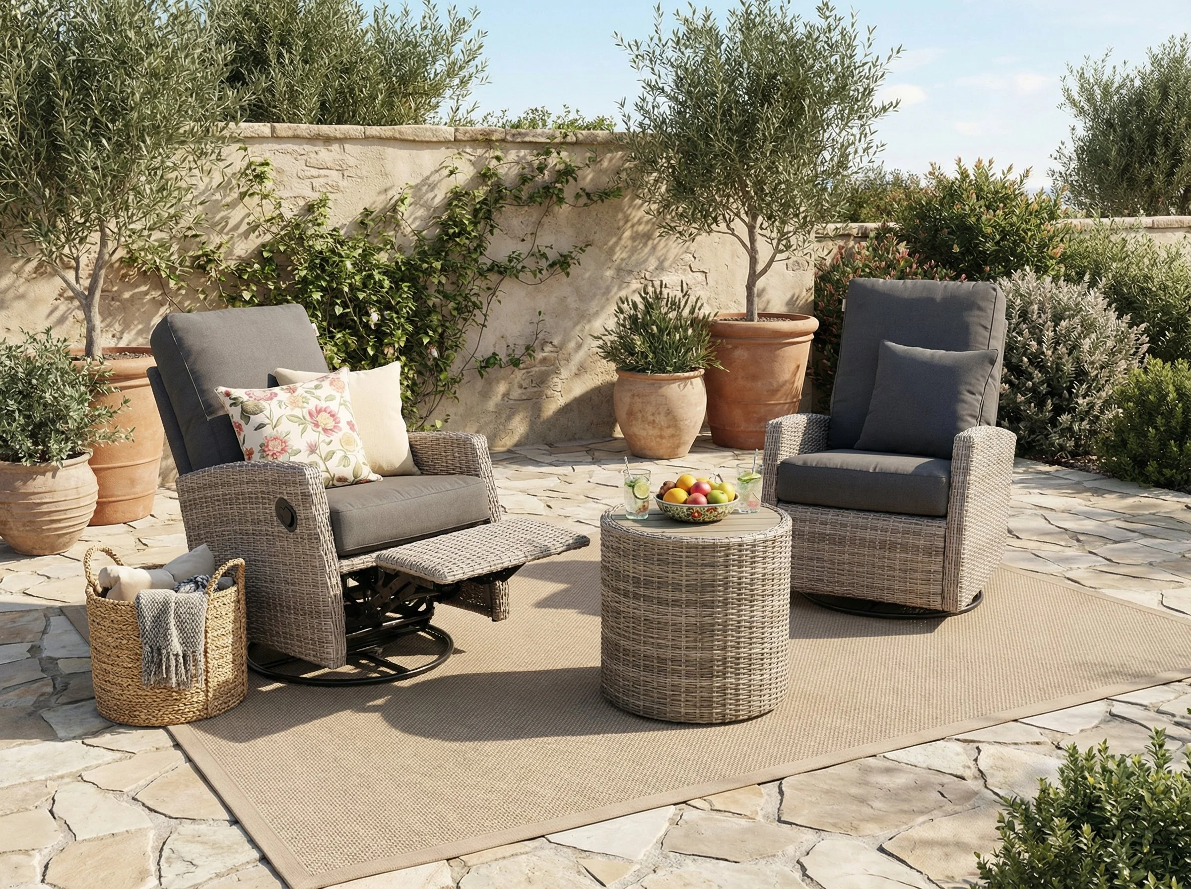 Keywest Wicker Outdoor 2PC Swivel Glider Recliner and Side Table in Sunbrella® Canvas Coal | Outdoor Bistro Set