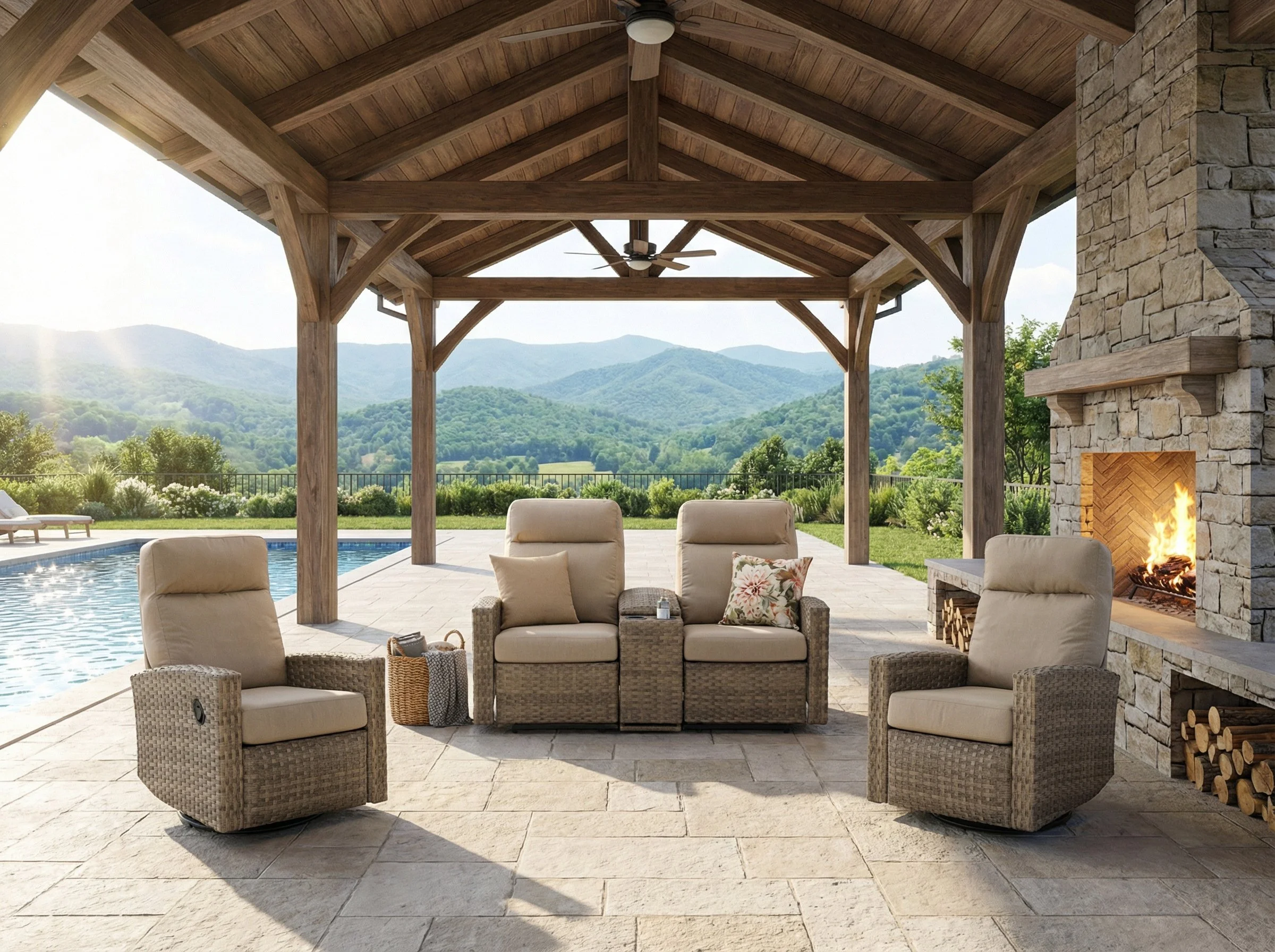 Newport Outdoor Wicker Reclining Console Loveseat Conversation Set with a pair of Recliners in Sunbrella® Spectrum Mushroom | Outdoor Set