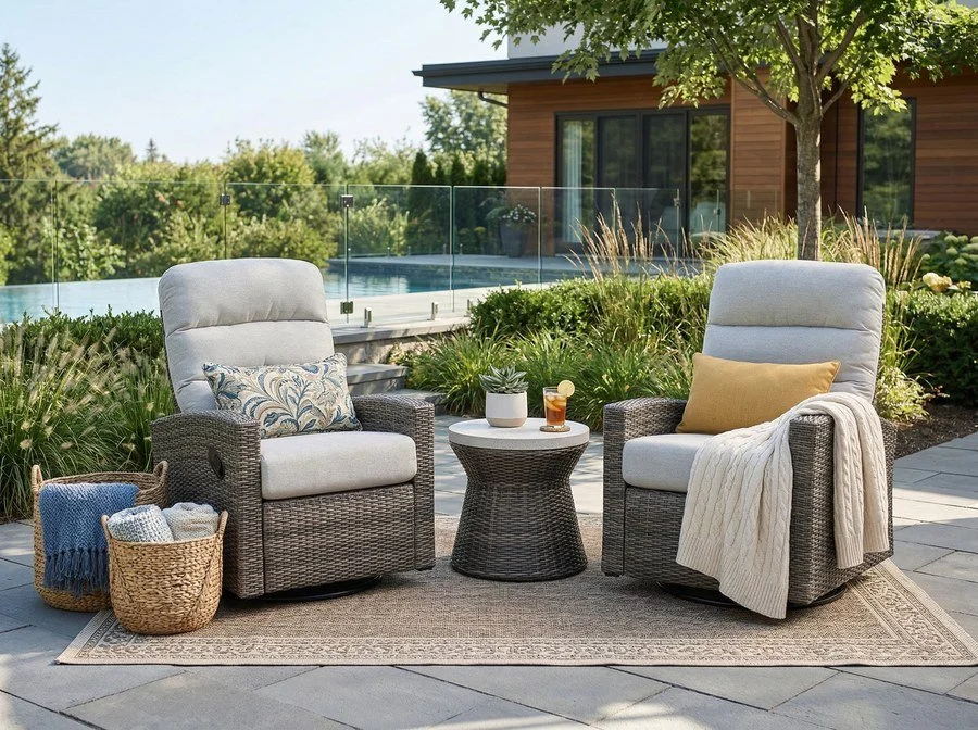 Monterey Driftwood Wicker Outdoor 2PC Swivel Glider Recliner in Oyster and Side Table | Outdoor Bistro Set