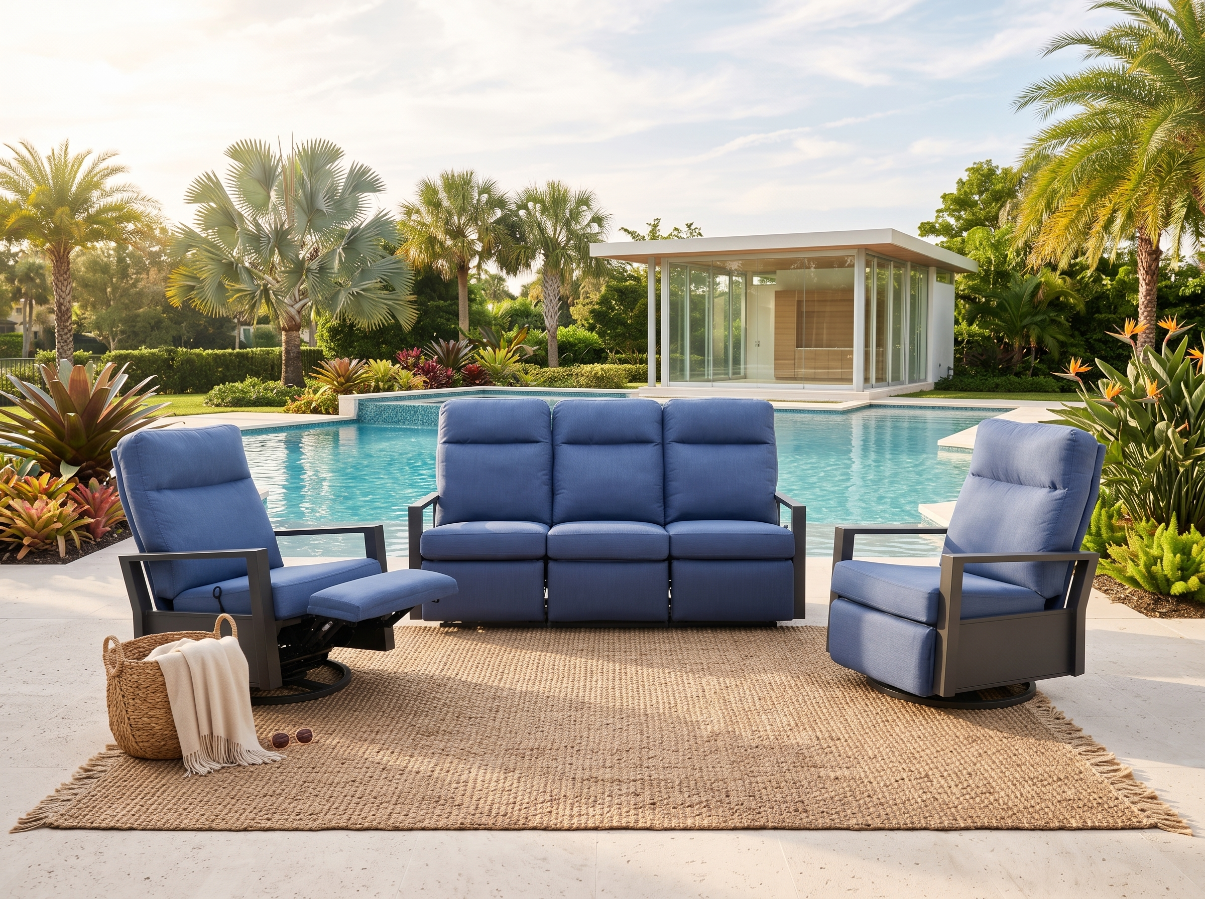 Shoreline 5-Seat Patio Aluminum Reclining Sofa Conversation Set with Pair of Recliners | Outdoor Set