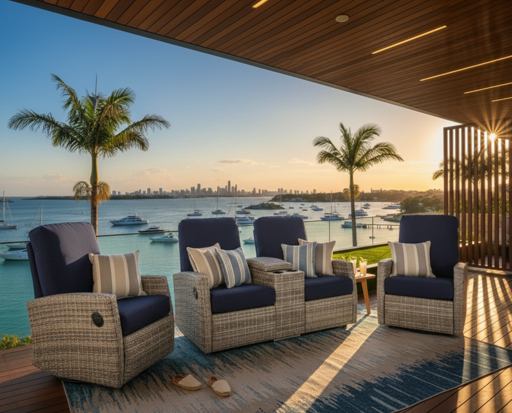 Keywest Outdoor Wicker Reclining Console Loveseat Conversation Set with a pair of recliners in Sunbrella® Navy | Outdoor Sofa Set