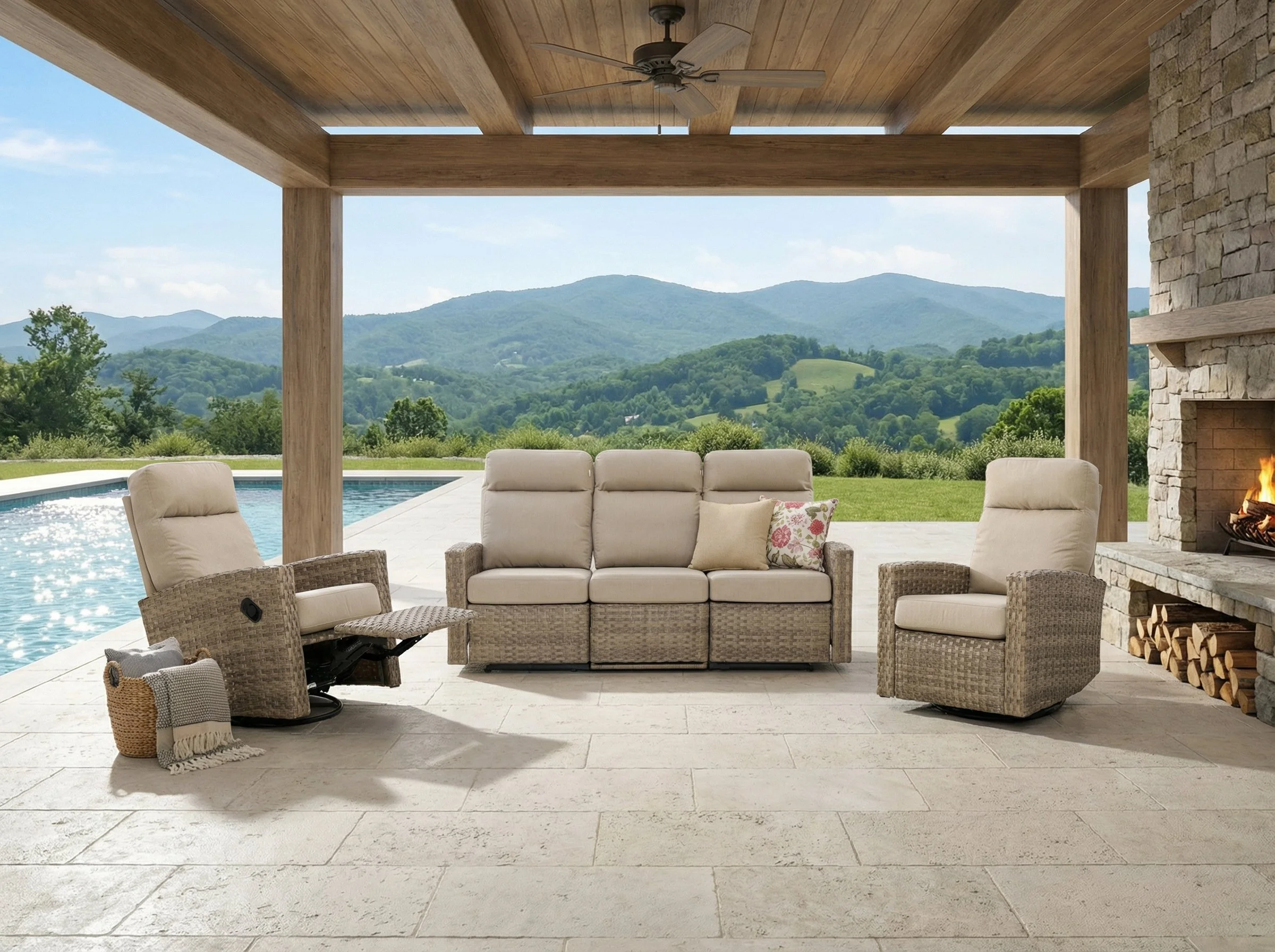 Newport Outdoor Wicker Reclining Sofa Conversation Set with a pair of Recliners in Sunbrella® Spectrum Mushroom | Outdoor Set