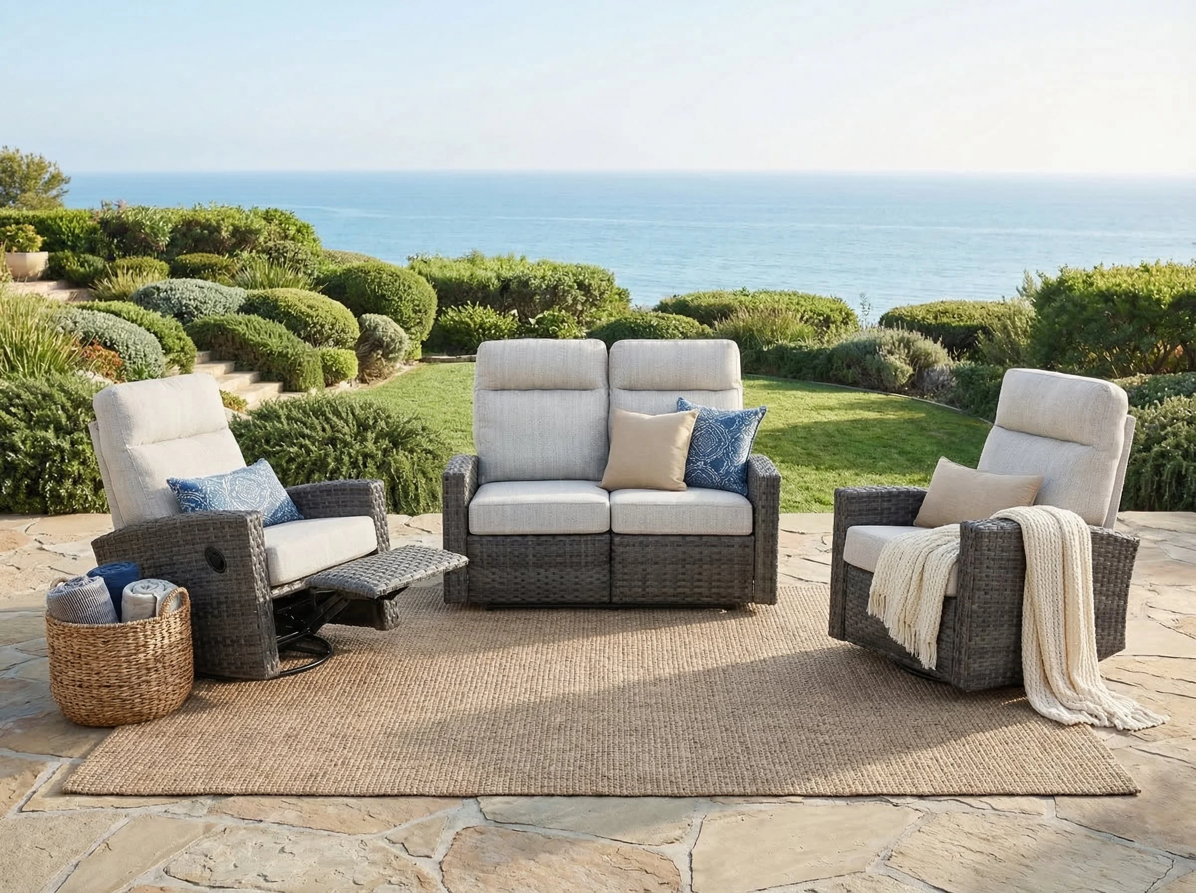 Malibu II Outdoor Wicker Reclining Loveseat Conversation Set with a pair of Recliners | Outdoor Set