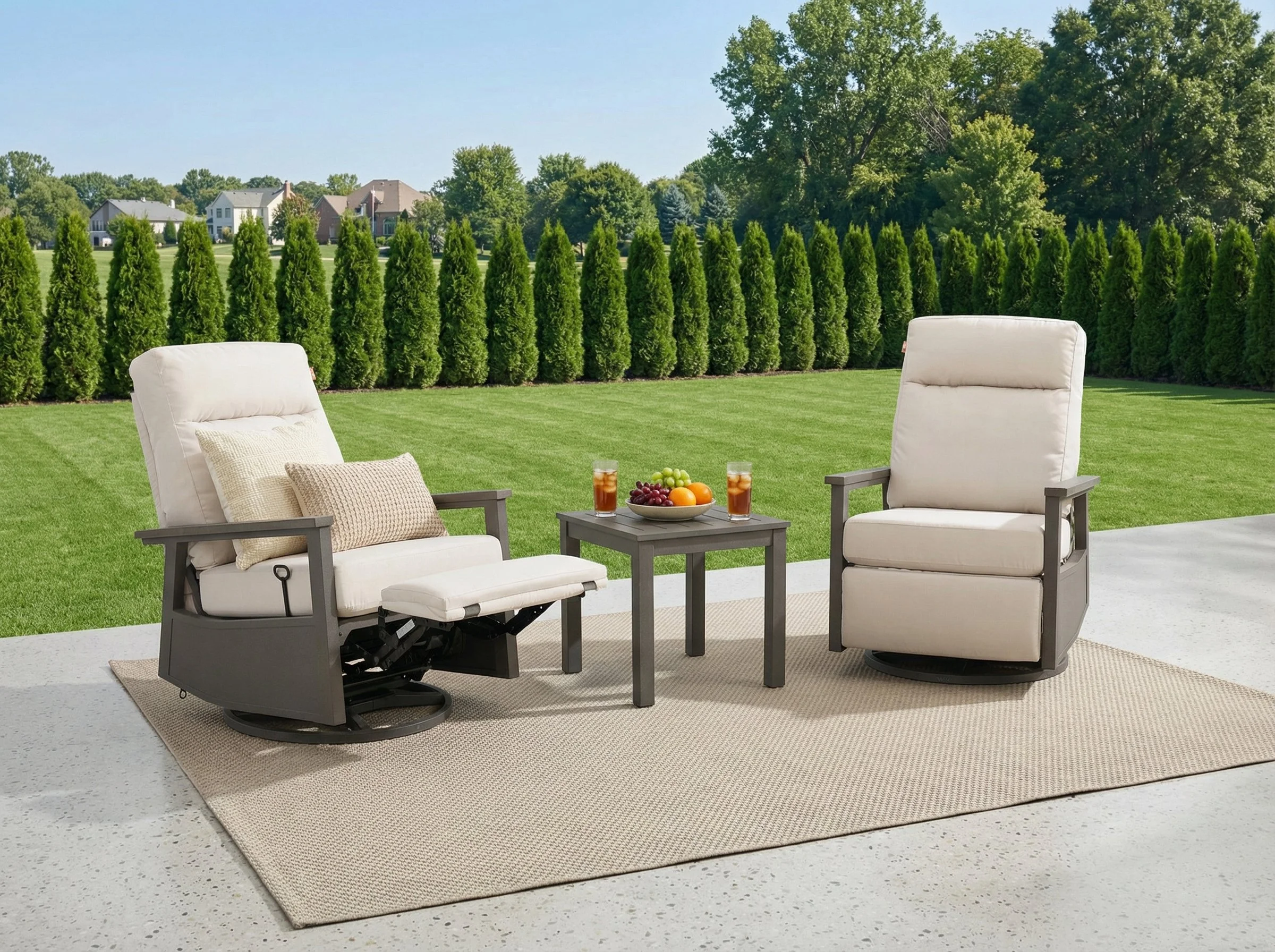 Huntington Aluminum Outdoor 2PC Swivel Glider Recliners and Side Table in Sunbrella® Canvas Canvas | Outdoor Bistro Set