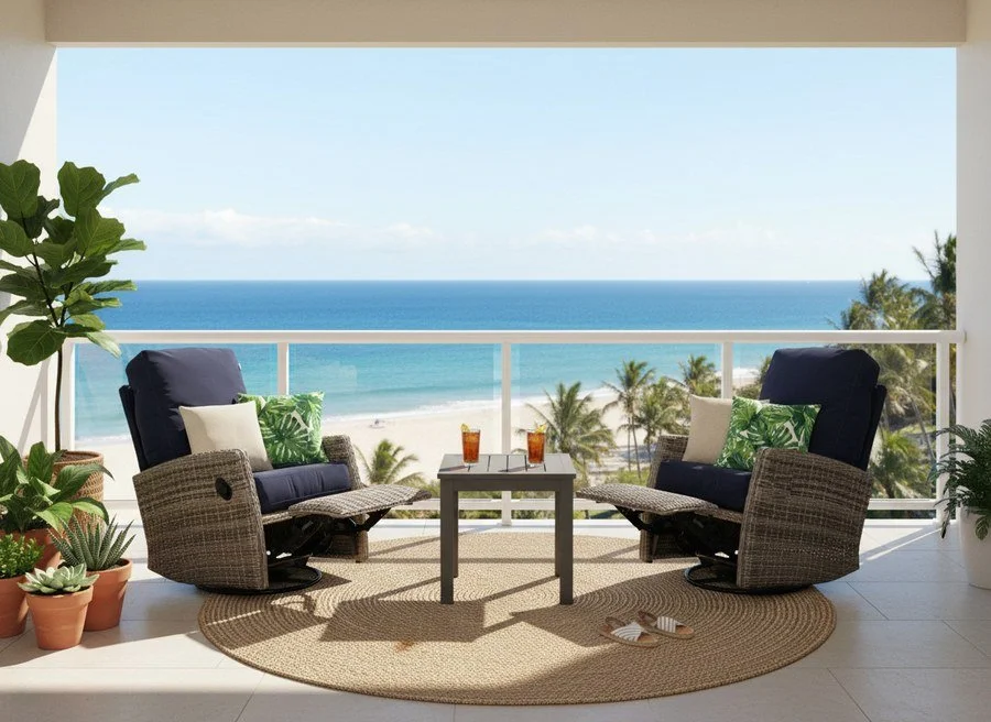 Keywest Wicker Outdoor 2PC Swivel Glider Recliner and Side Table in Sunbrella® Canvas Navy | Outdoor Bistro Set
