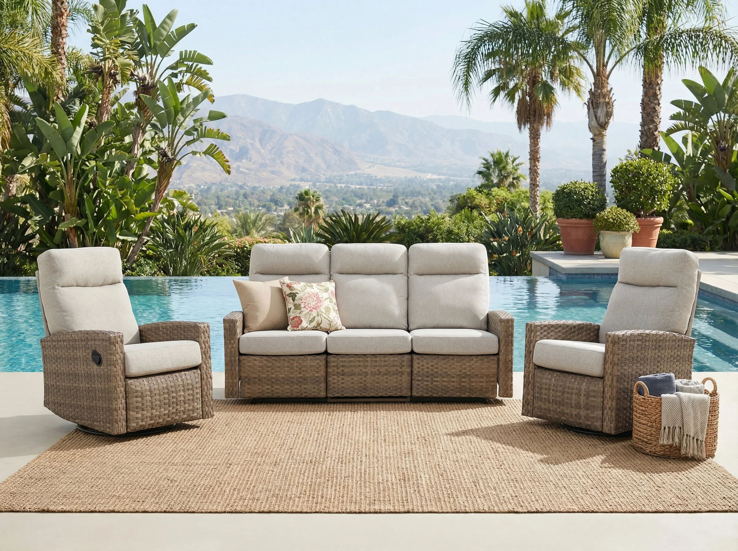 Newport Outdoor Wicker Reclining Sofa Conversation Set with a pair of Recliners | Outdoor Set
