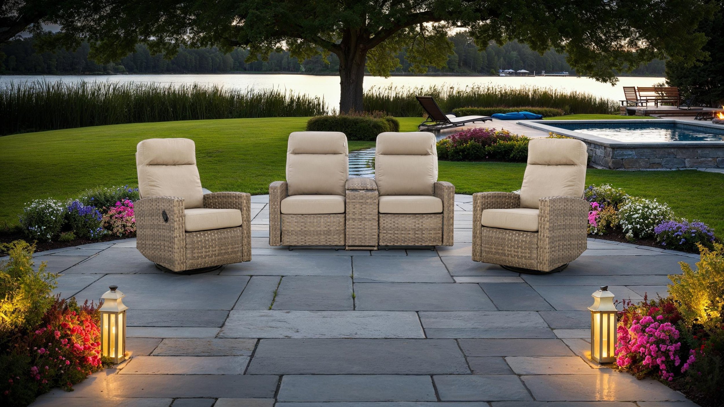Newport Outdoor Wicker Reclining Console Loveseat Conversation Set with a pair of Recliners in Sunbrella® Spectrum Mushroom | Outdoor Set