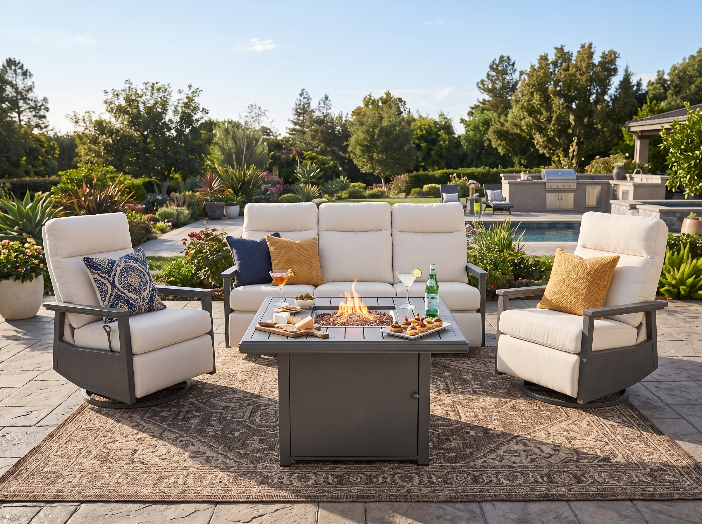 Huntington 5-Seat Patio Aluminum Reclining Sofa Firepit Conversation Set with Pair of Recliners in Sunbrella® Canvas Canvas