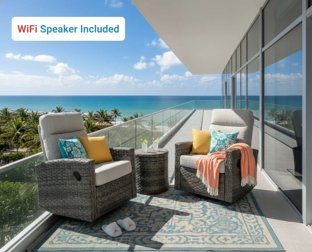 Malibu II Outdoor Speaker Bistro Set | 2PC Wicker Swivel Glider Recliner with Wosiac Speaker Table