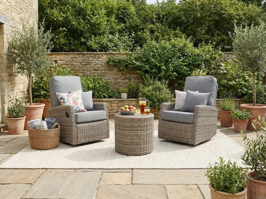 Keywest Wicker Outdoor Swivel Glider Recliner Bistro Set  | Patio Lounge Chair x 2  with Matching Side Table