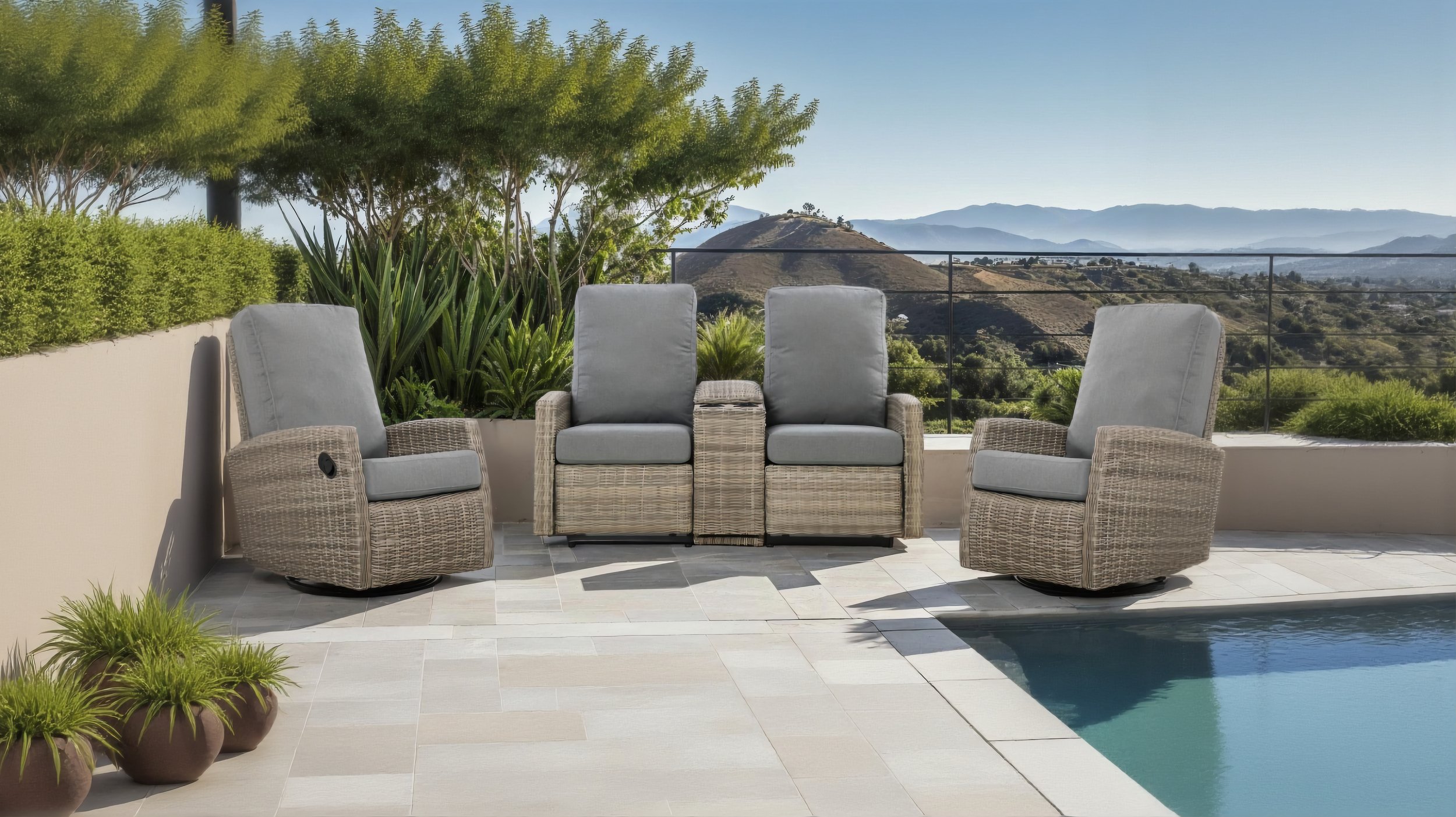 Keywest Outdoor Wicker Reclining Console Loveseat Conversation Set with a pair of recliners- Dove Grey & Carolina Blue