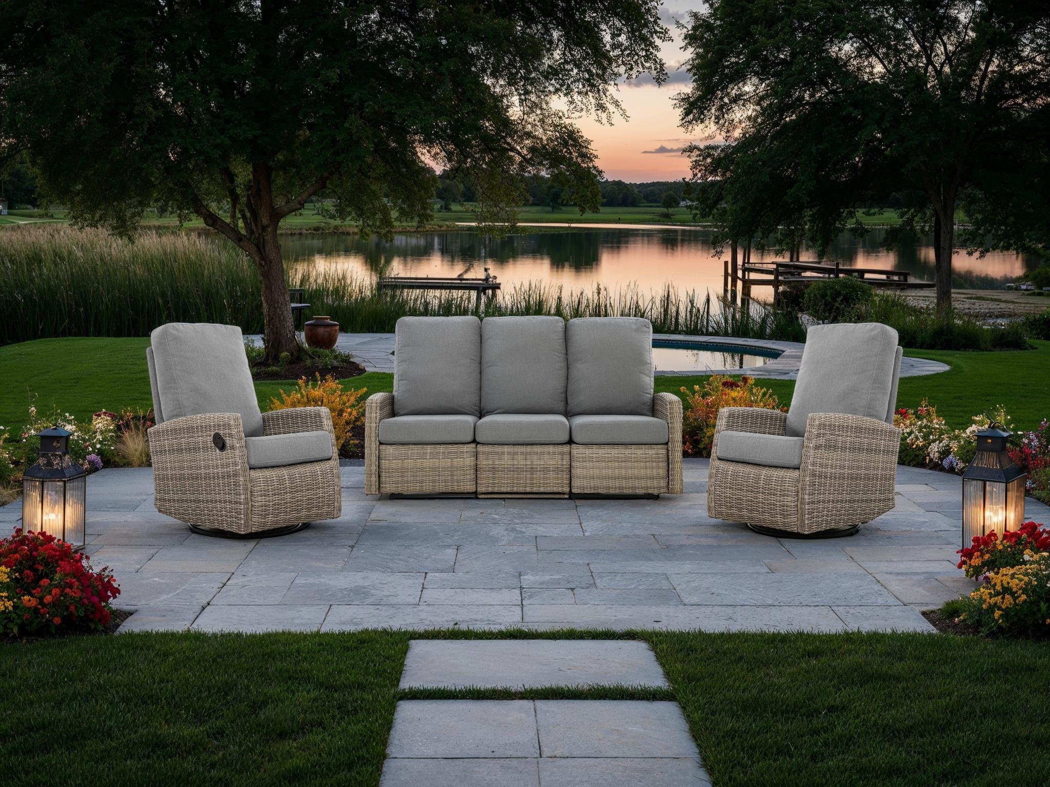 Keywest Outdoor Wicker Reclining Sofa Conversation Set- Dove Grey & Carolina Blue (Save $100)