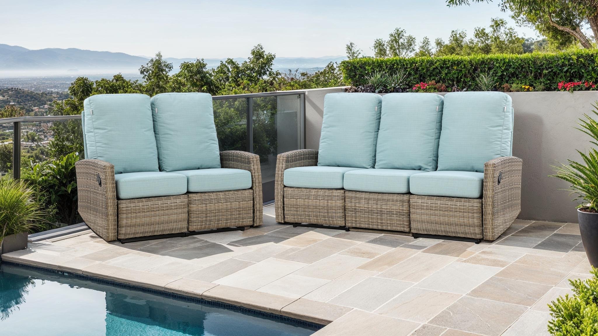 Keywest Outdoor Wicker Reclining Loveseat and Sofa Conversation Set in Sunbrella® Dupione Celeste