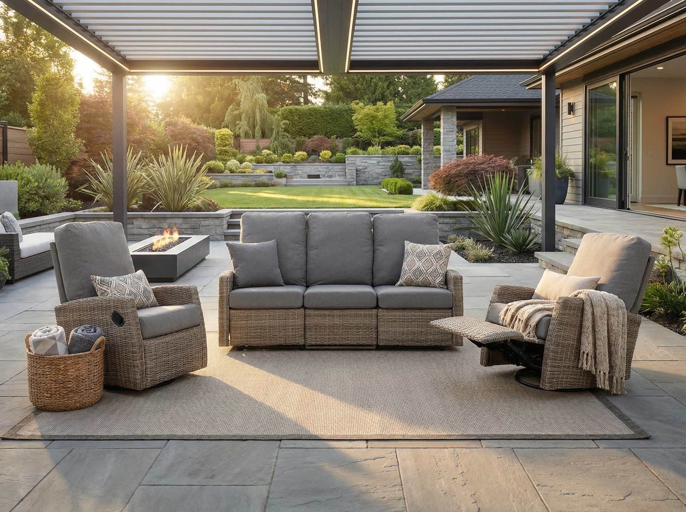 Keywest Outdoor Wicker Reclining Sofa Conversation Set- Dove Grey & Carolina Blue