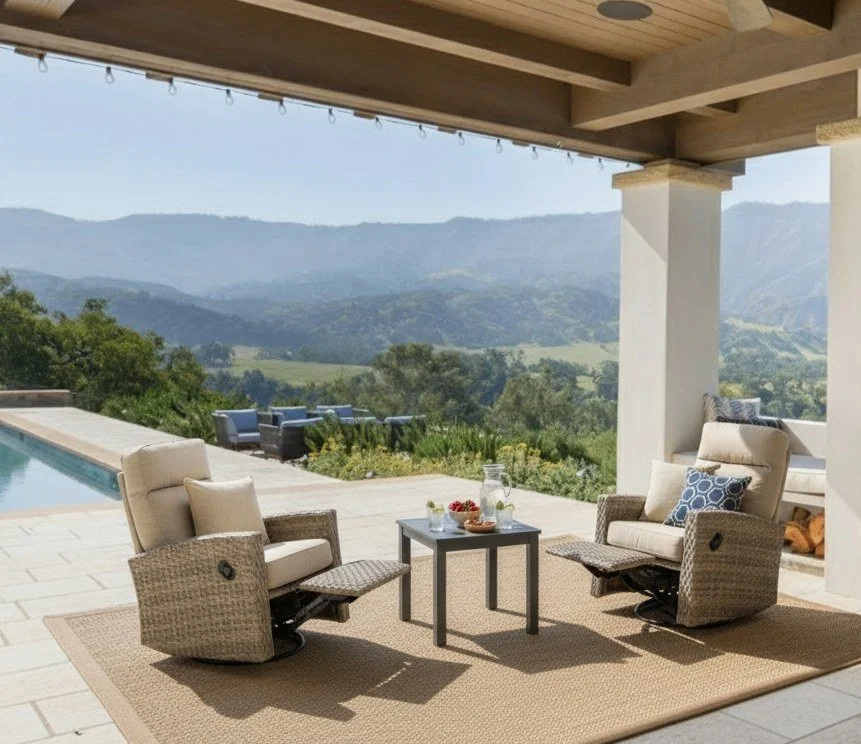 Newport Wicker Outdoor 2PC Swivel Glider Recliner in Sunbrella® Spectrum Mushroom and Side Table | Outdoor Bistro Set
