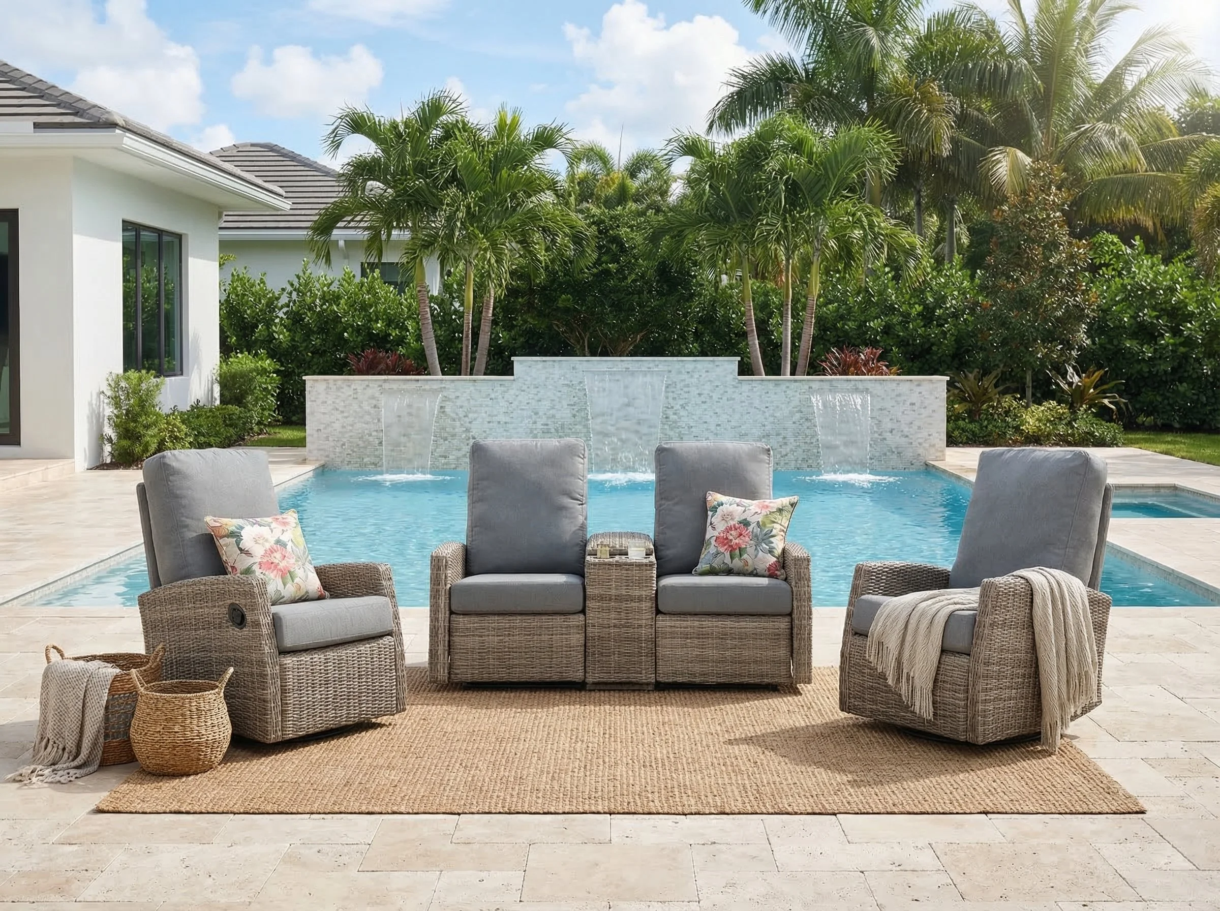 Keywest Outdoor Wicker Reclining Console Loveseat Conversation Set with a pair of recliners- Dove Grey & Carolina Blue