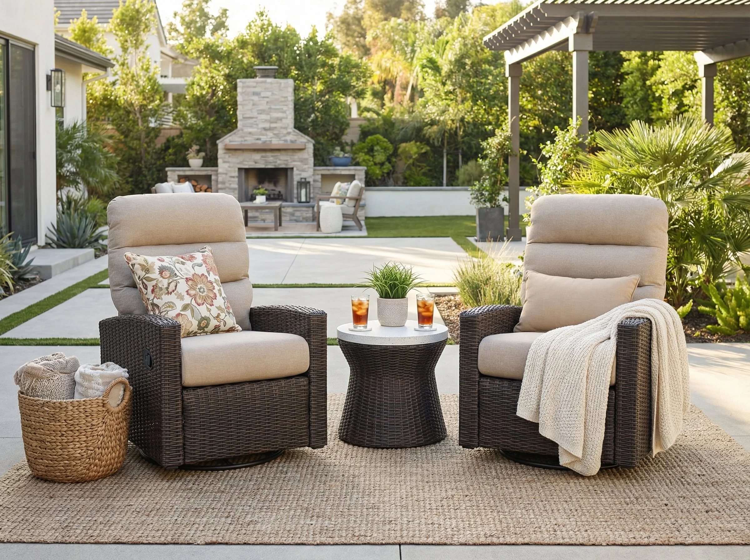 Monterey Espresso Wicker Outdoor 2PC Swivel Glider Recliner in Dune and Side Table | Outdoor Bistro Set